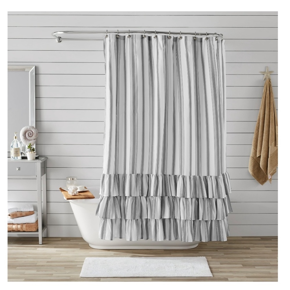BH&G Striped Ruffle Skirt Printed Fabric Shower Curtain, Charcoal/White - Picture 1 of 6
